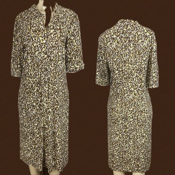 Liz Claiborne 12 Brown Multi Print Button Half Sleeve Below Knee Shirt Dress - Picture 1 of 6